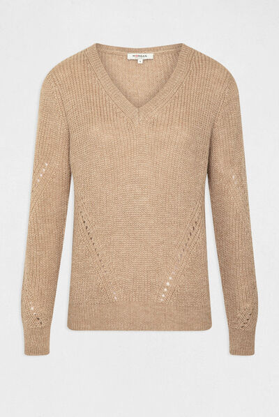 Pull manches longues à col en V taupe femme