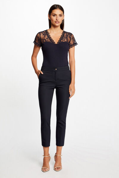T-shirt manches courtes à dentelle marine femme