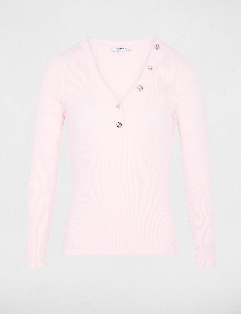 Pull col v fantaisie rose clair femme