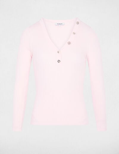 Pull col v fantaisie rose clair femme