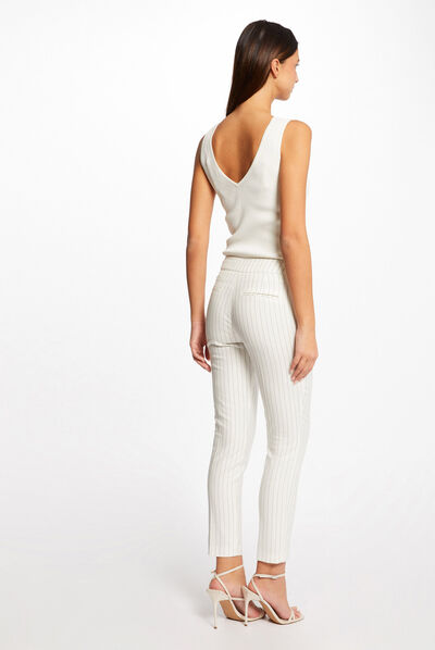 Pantalon city ajusté 7/8ème à rayures ecru femme