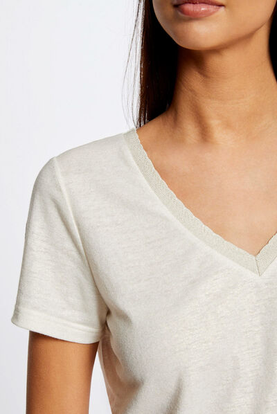 T-shirt manches courtes col en V ecru femme