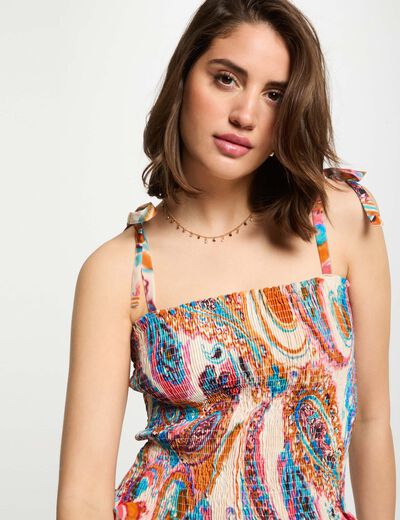 Top smocké imprimé multicolore femme