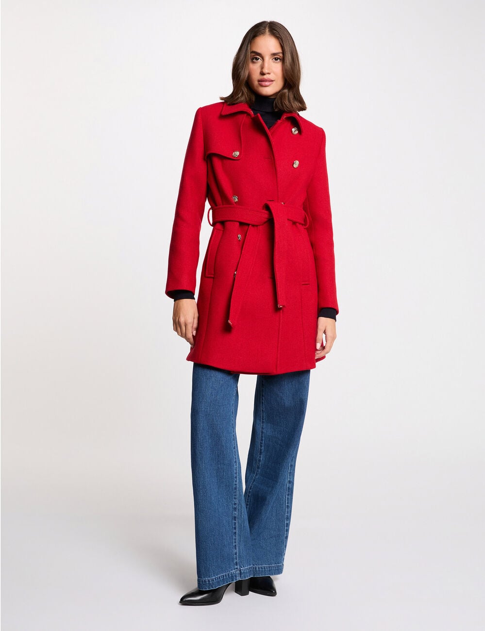 Manteau long ceintur&eacute; rouge femme