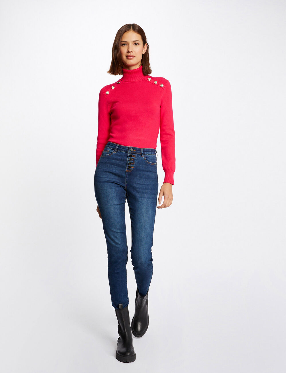 Pull manches longues &agrave; col roul&eacute; rose framboise femme