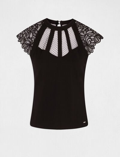 T-shirt dentelle col montant noir femme