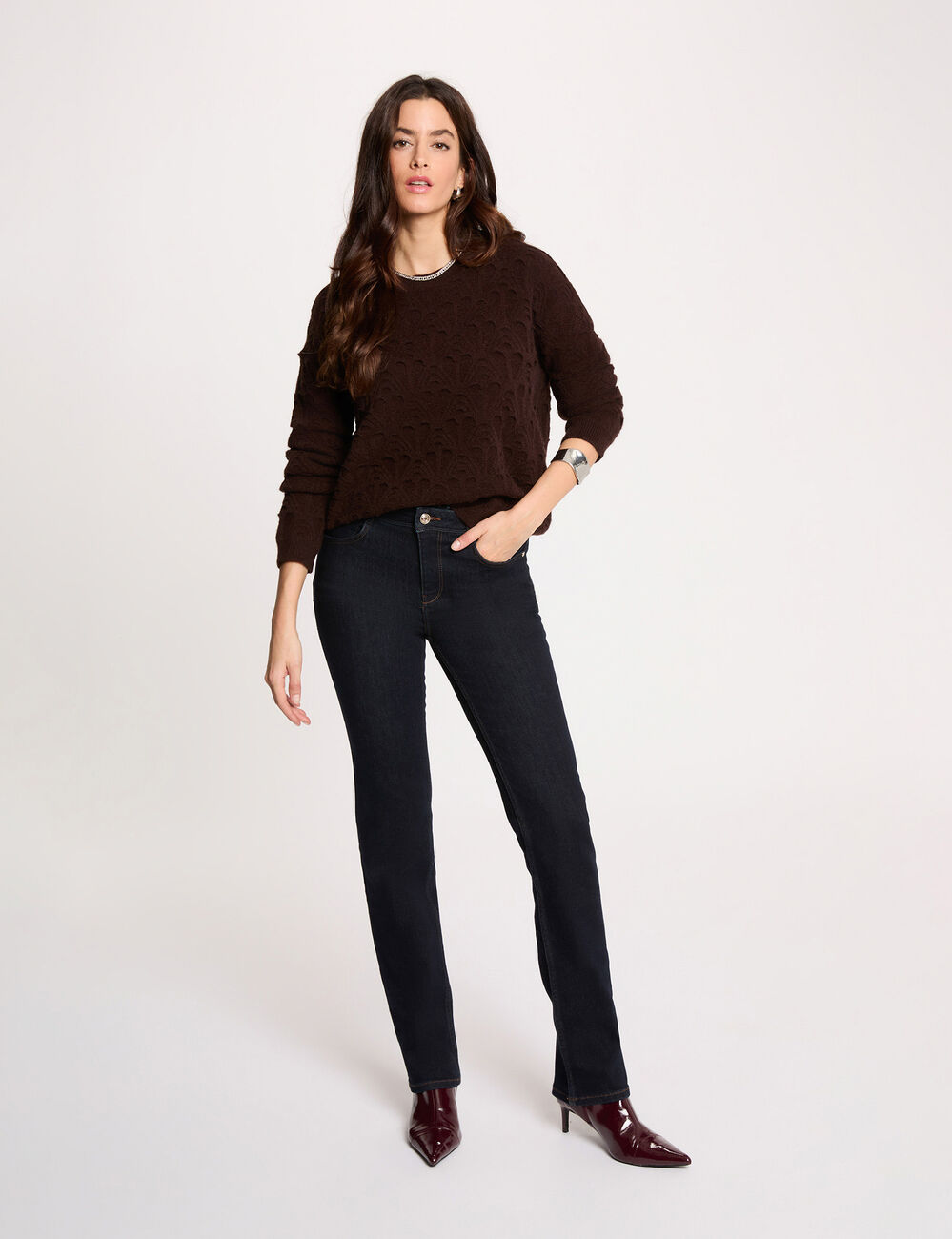 Pull col rond fantaisie marron fonc&eacute; femme