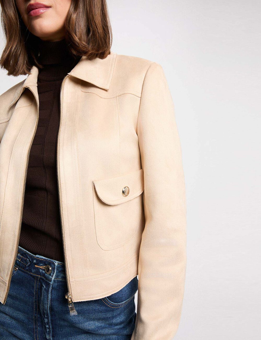 Blouson court su&eacute;dine marron clair femme