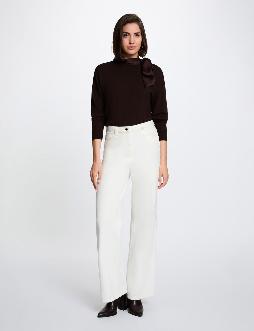 Pull col rond manches longues marron fonc&eacute; femme