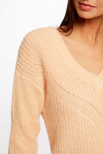 Pull manches longues à col en V orange clair femme