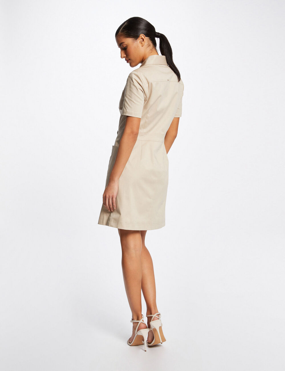 Robe trap&egrave;ze boutonn&eacute;e avec boucle beige femme