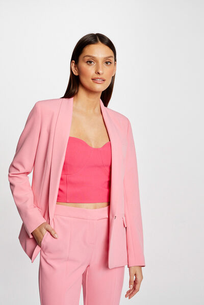 Veste tailleur droite avec col châle rose clair femme