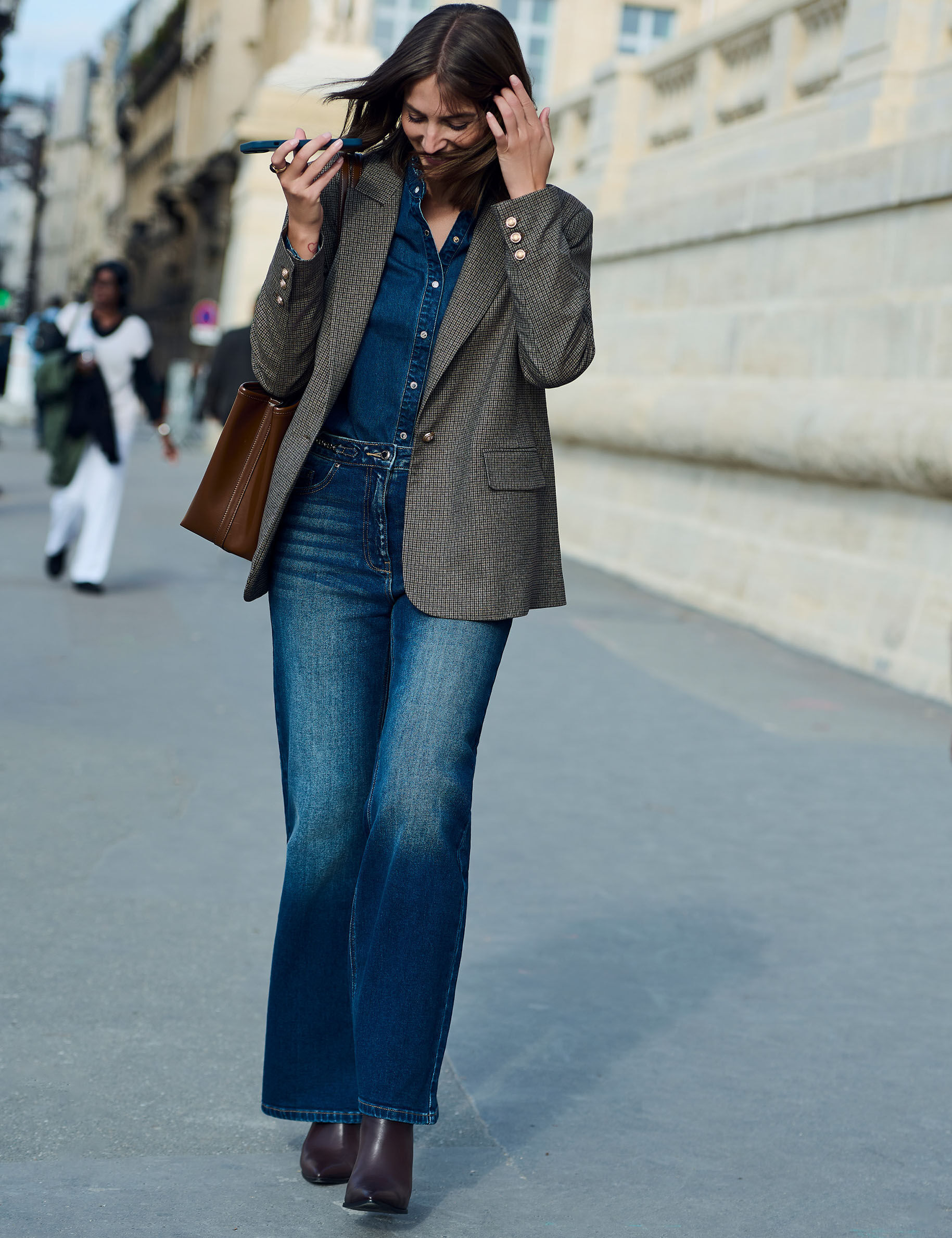 Jean large taille haute stone femme - vue 1