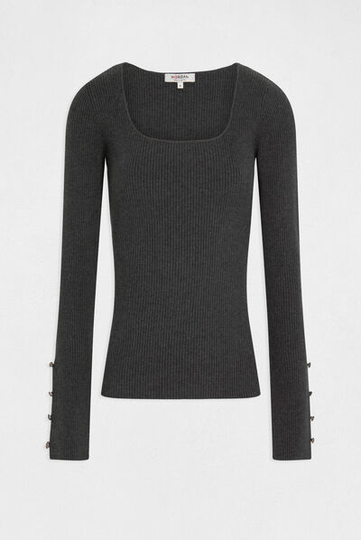 Pull manches longues côtelé gris anthracite femme