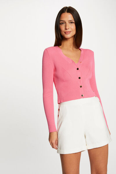 Gilet manches longues boutonné rose femme