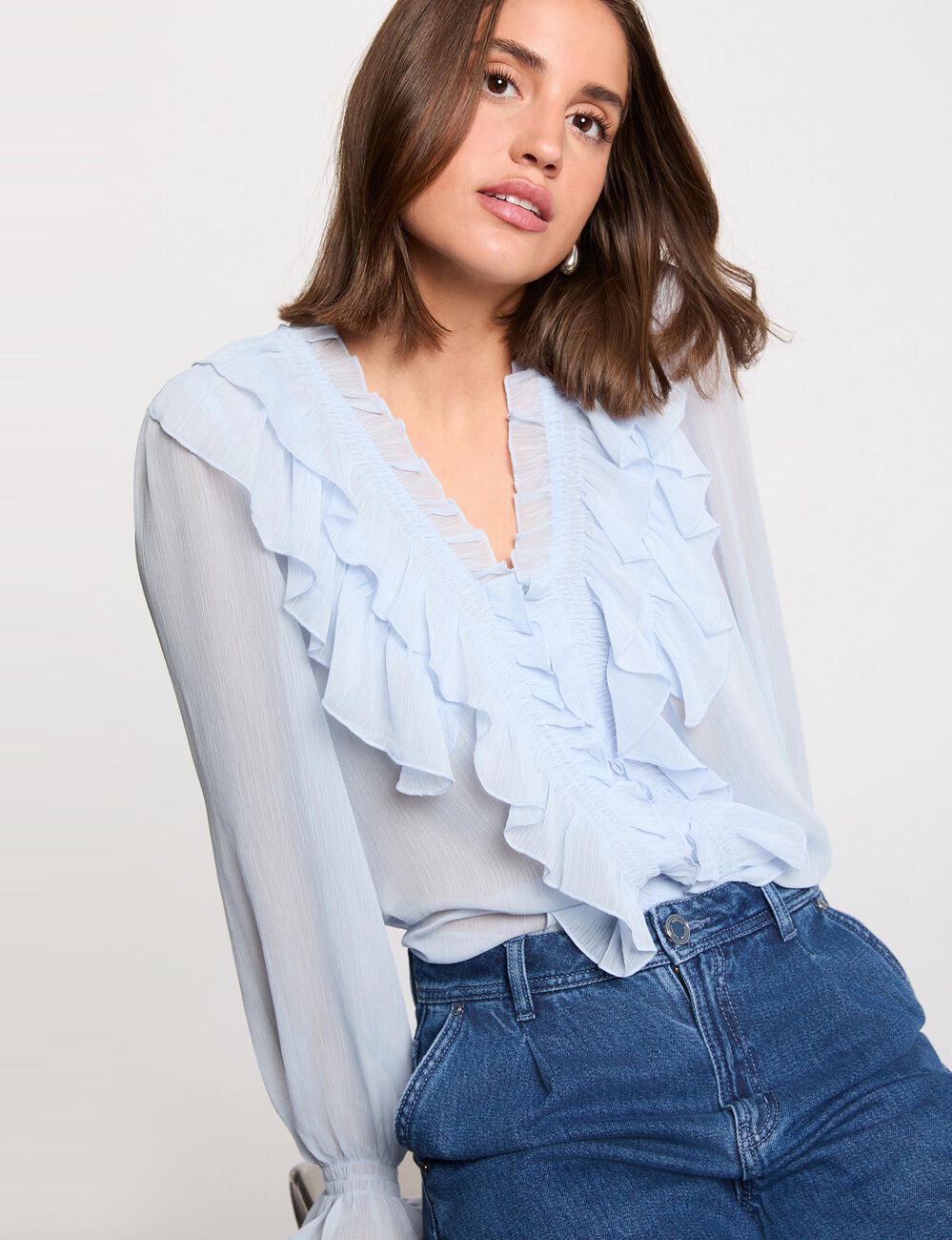 Chemise fluide col v bleu ciel femme