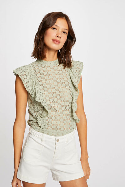 T-shirt manches courtes en dentelle vert clair femme