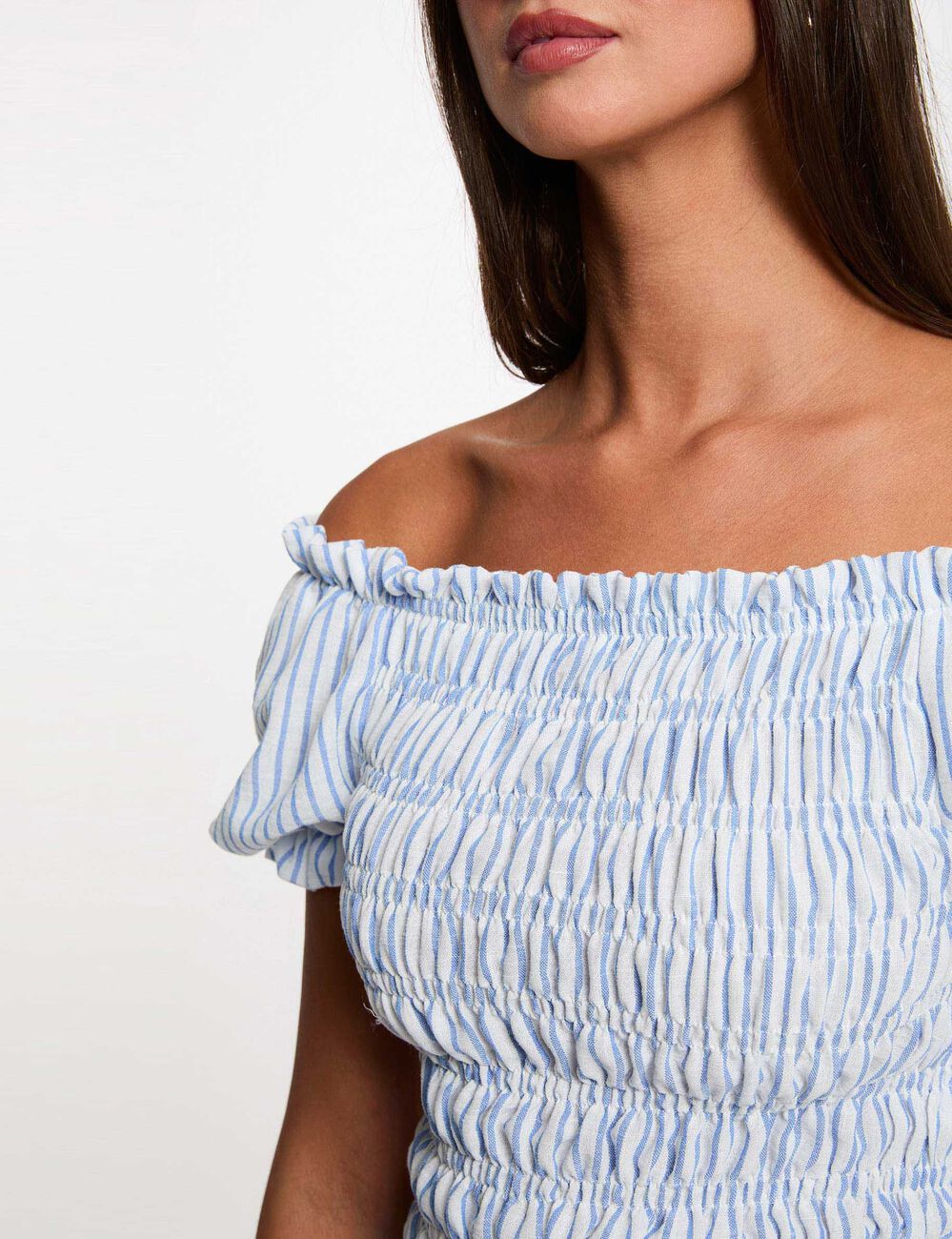 Blouse ray&eacute;e bardot bleu ciel femme