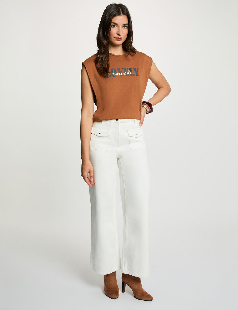 T-shirt droit col rond camel femme