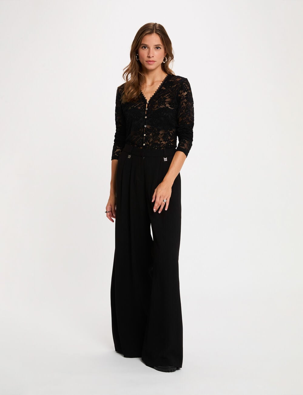 Chemise en dentelle col v noir femme