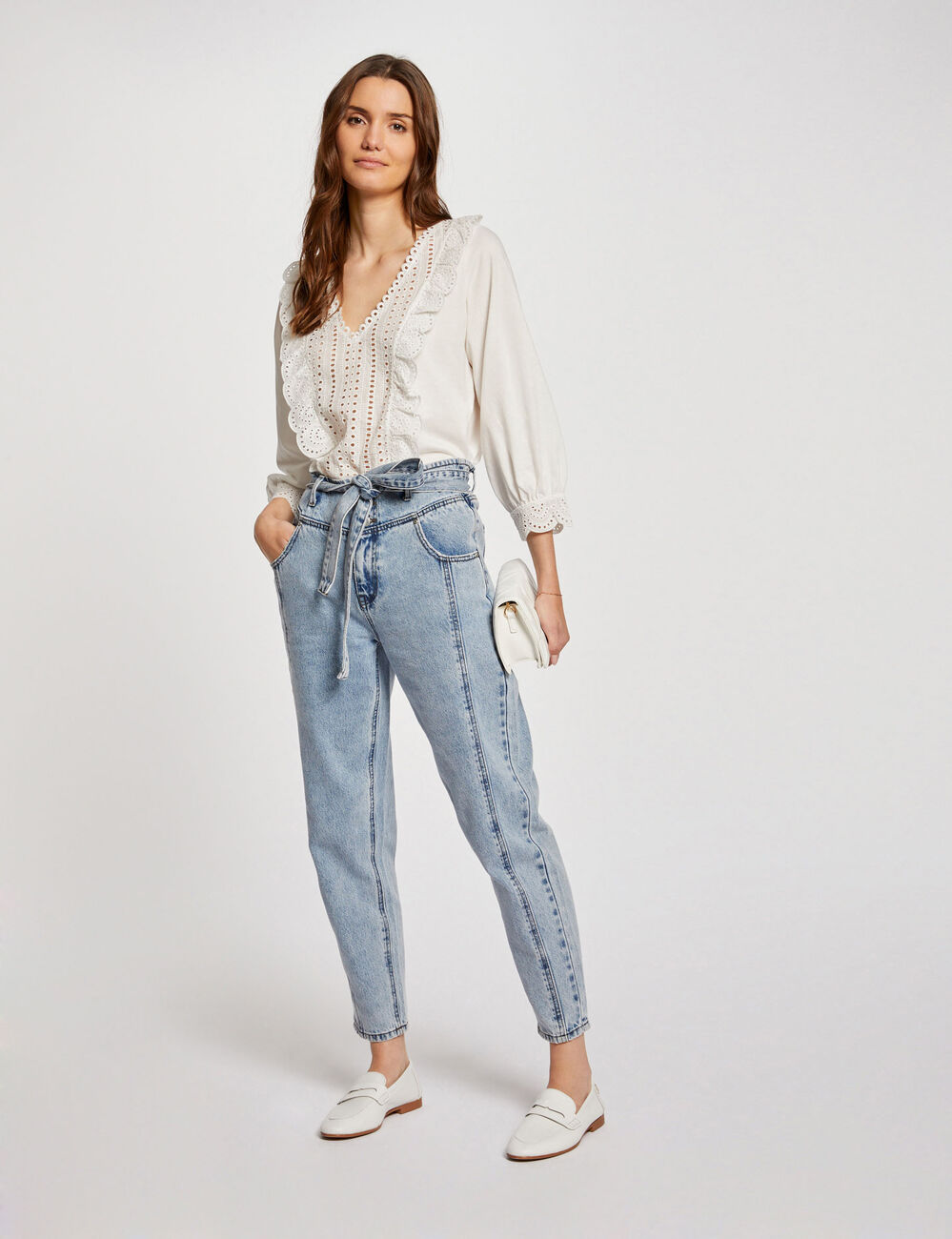 T-shirt manches 3/4 broderie ecru femme