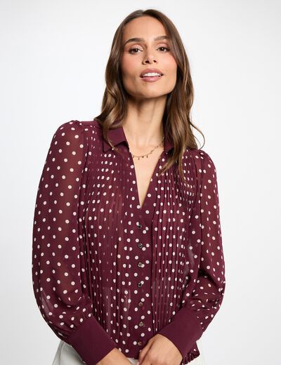 Chemise manches longues &agrave; pois bordeaux femme