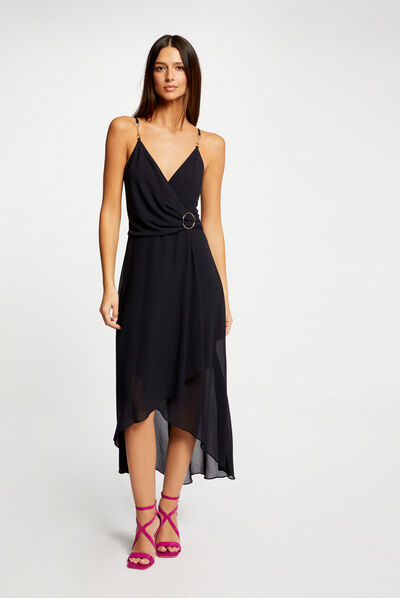 Robe mi-longue à fines bretelles marine femme