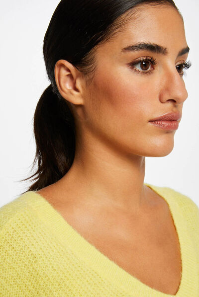Pull manches longues à col en V jaune moyen femme