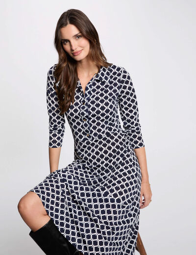 Robe midi droite imprimée bleu marine femme