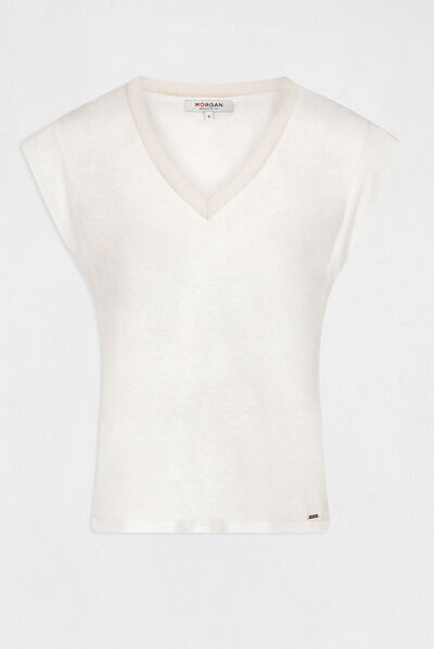 T-shirt manches courtes à col en V ecru femme