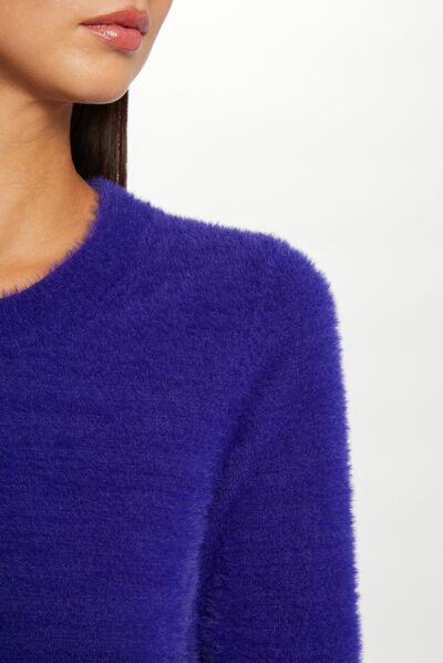 Pull manches longues col rond bleu moyen femme