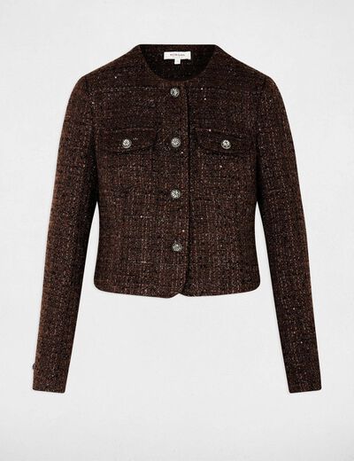 Veste ajust&eacute;e col rond marron fonc&eacute; femme