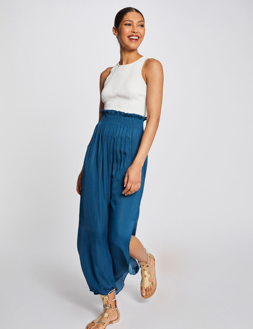 Jupe longue fluide taille &eacute;lastiqu&eacute;e bleu femme
