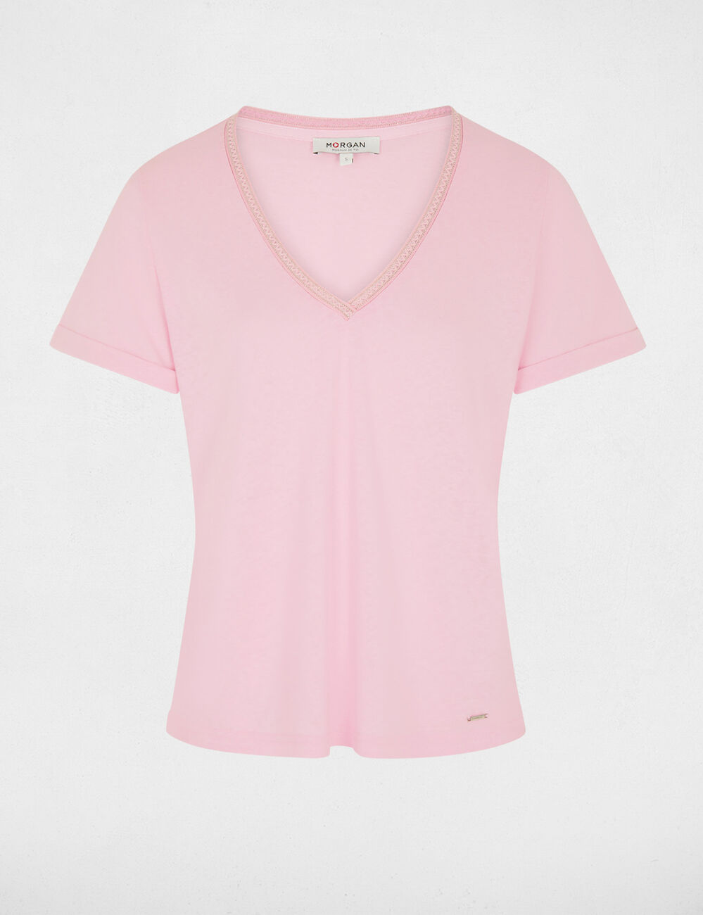 T-shirt col v perl&eacute; rose femme