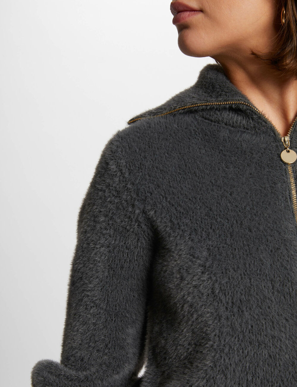 Pull manches longues &agrave; col zipp&eacute; gris anthracite femme