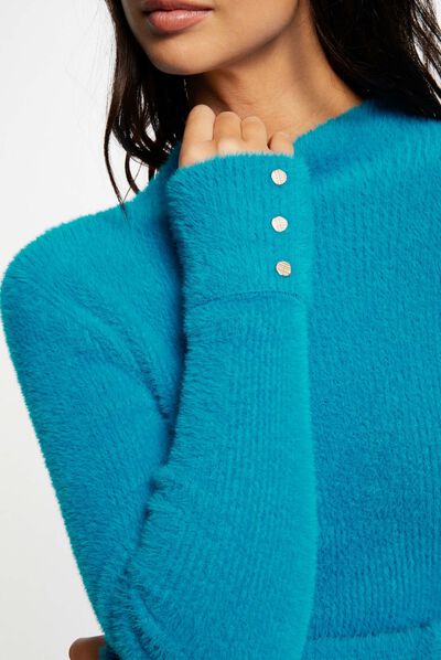 Pull manches longues maille duveteuse bleu femme