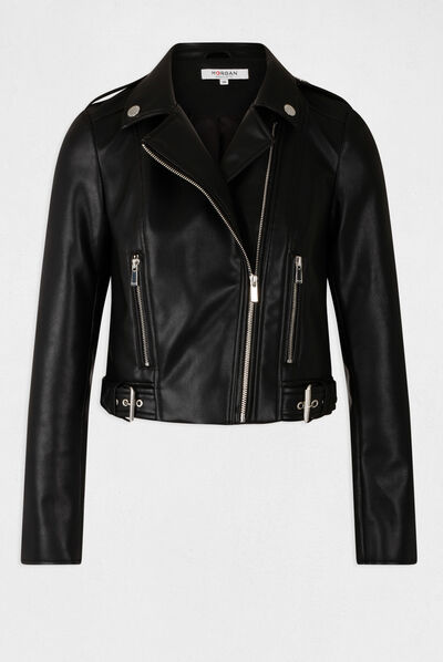 Blouson droit zippé simili cuir noir femme