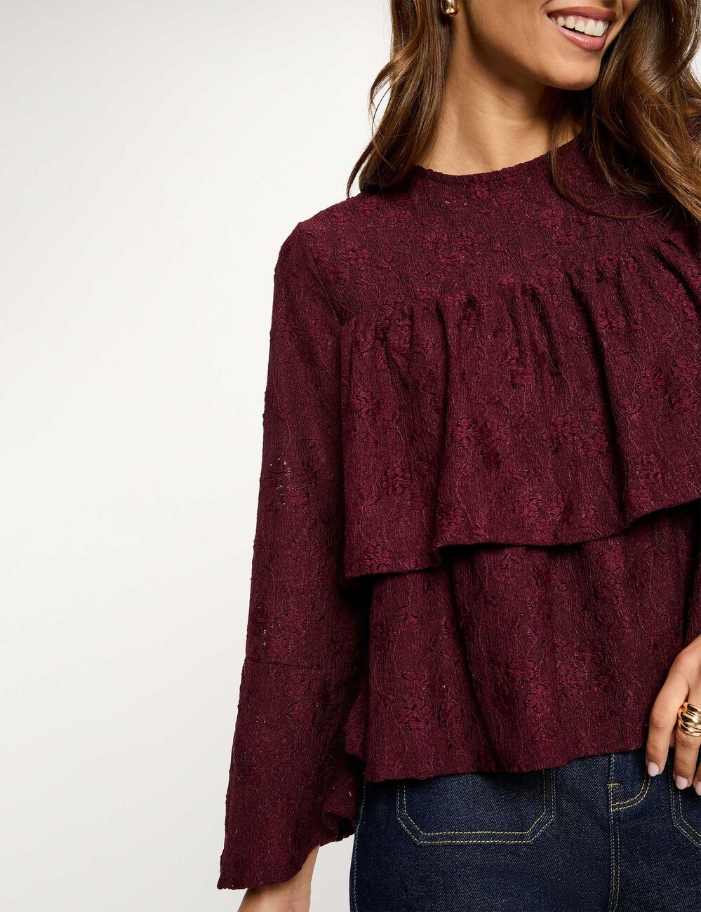 T-shirt dentelle volants bordeaux femme