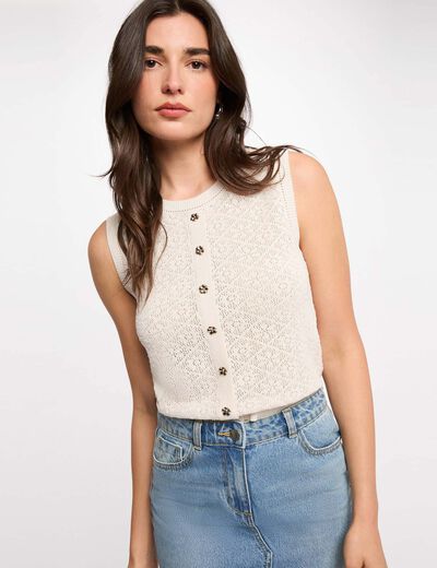 Gilet sans manches col rond ivoire femme