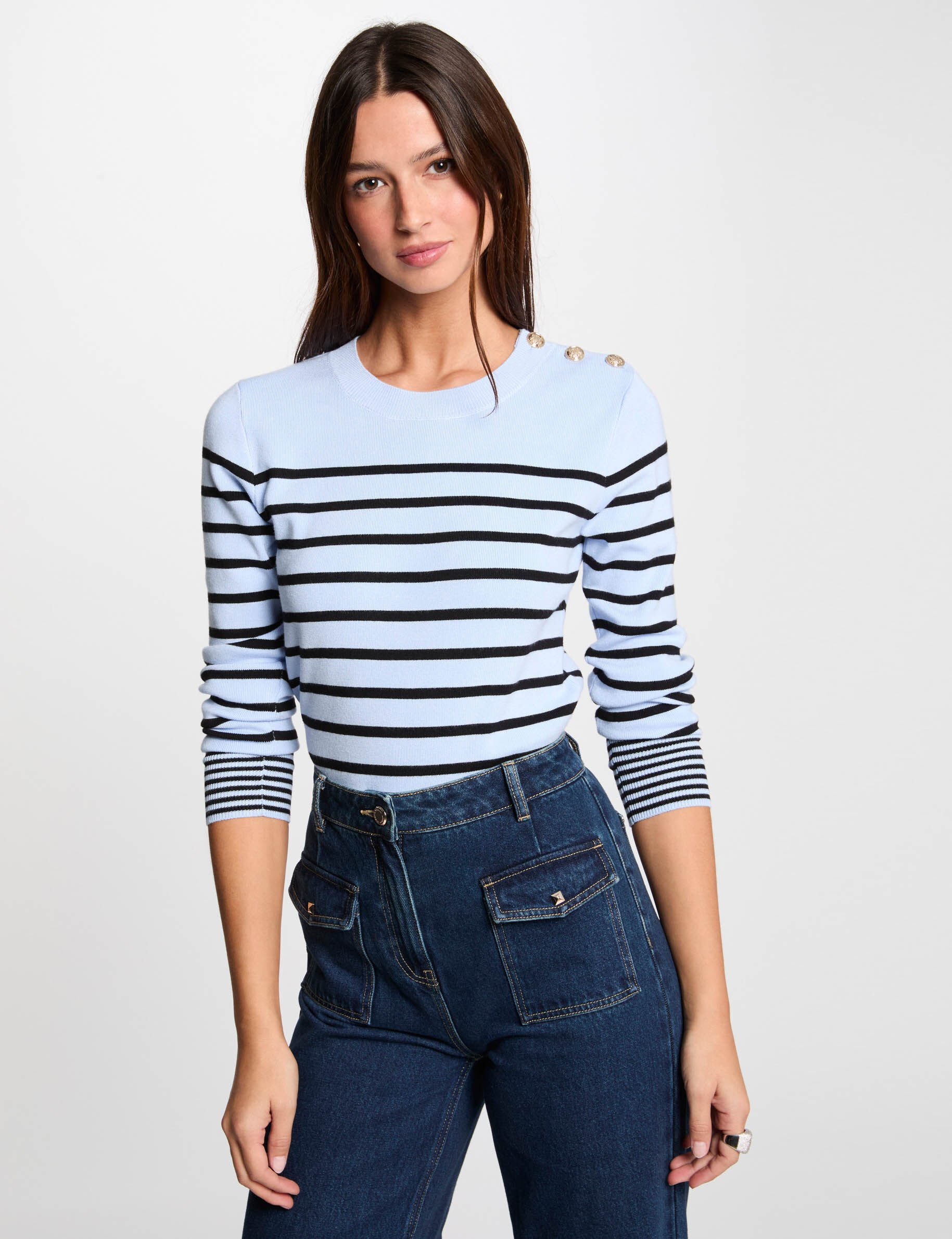 Pull manches longues à rayures bleu ciel femme