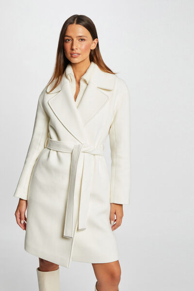 Manteau long droit ceinturé ecru femme
