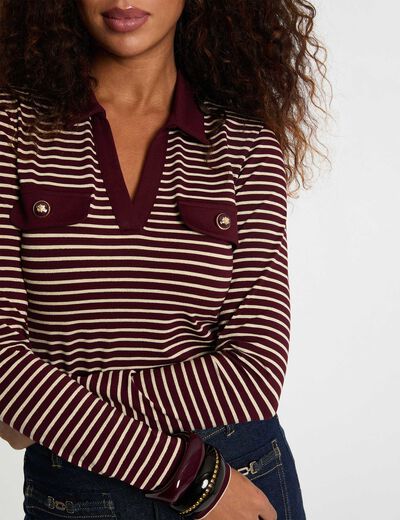 Polo manches longues ray&eacute; bordeaux femme