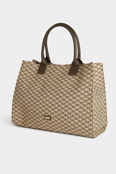Sac cabas imprimé monogramme beige femme