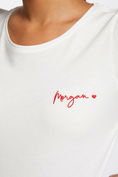 T-shirt manches courtes avec broderie ecru femme