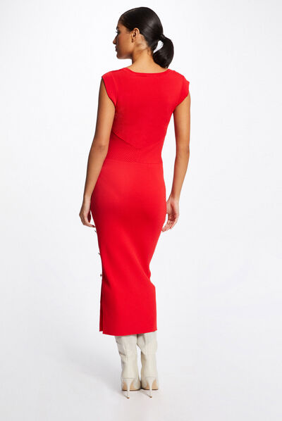 Robe pull longue ajustée sans manches rouge femme