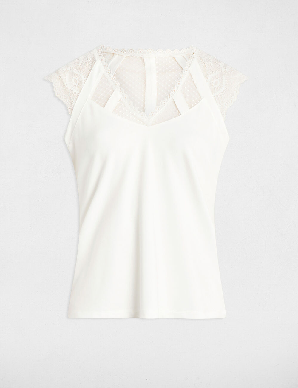 T-shirt dentelle col v blanc femme