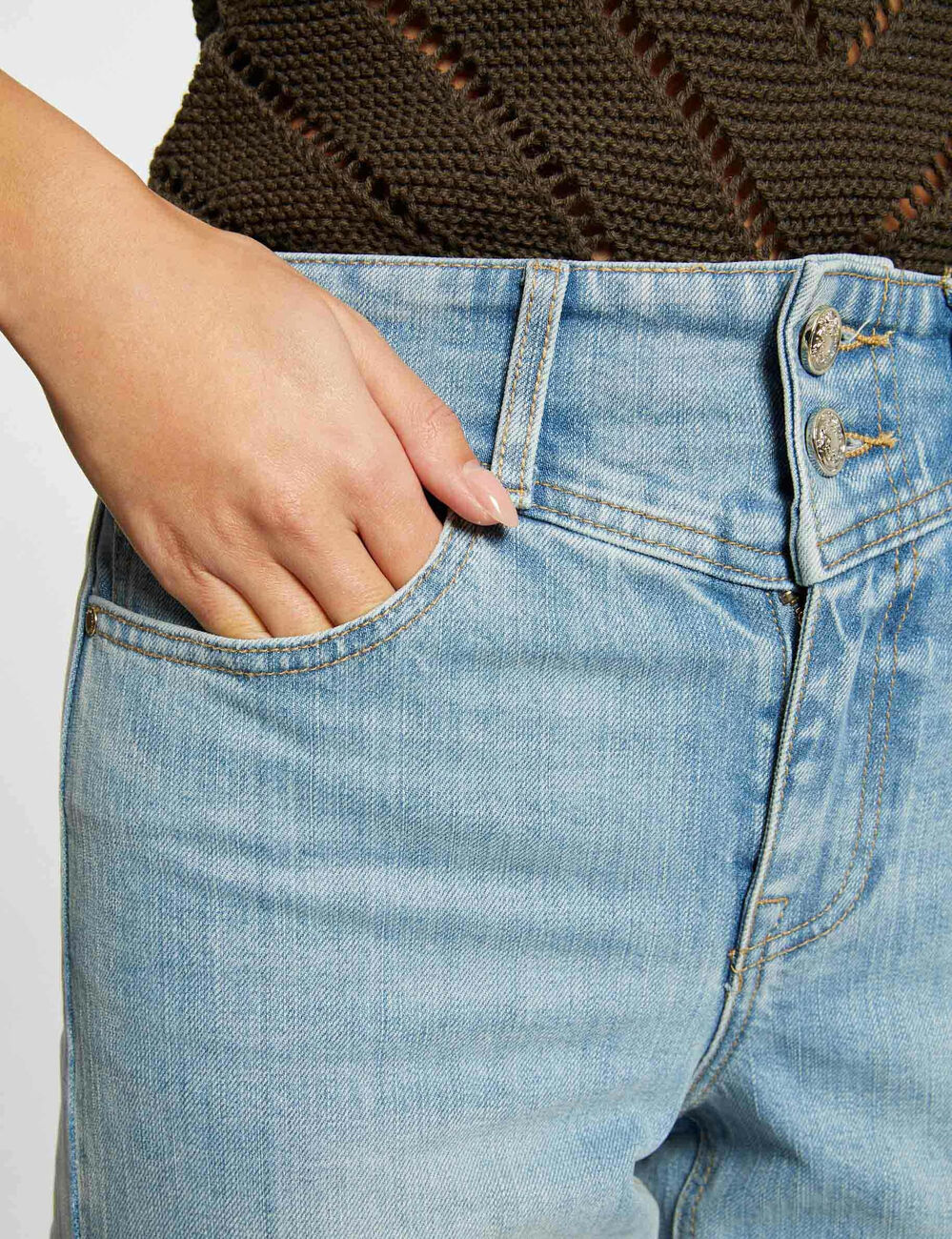 Jeans droit taille haute 7/8&egrave;me jean bleached femme