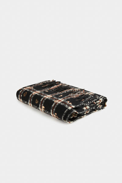 Écharpe à carreaux avec franges noir femme