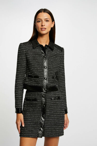 Veste droite avec détails vinyle noir femme