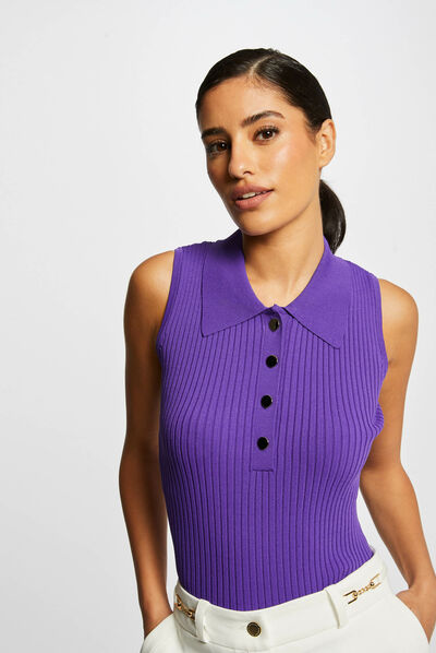 Pull débardeur sans manches col polo violet fonce femme